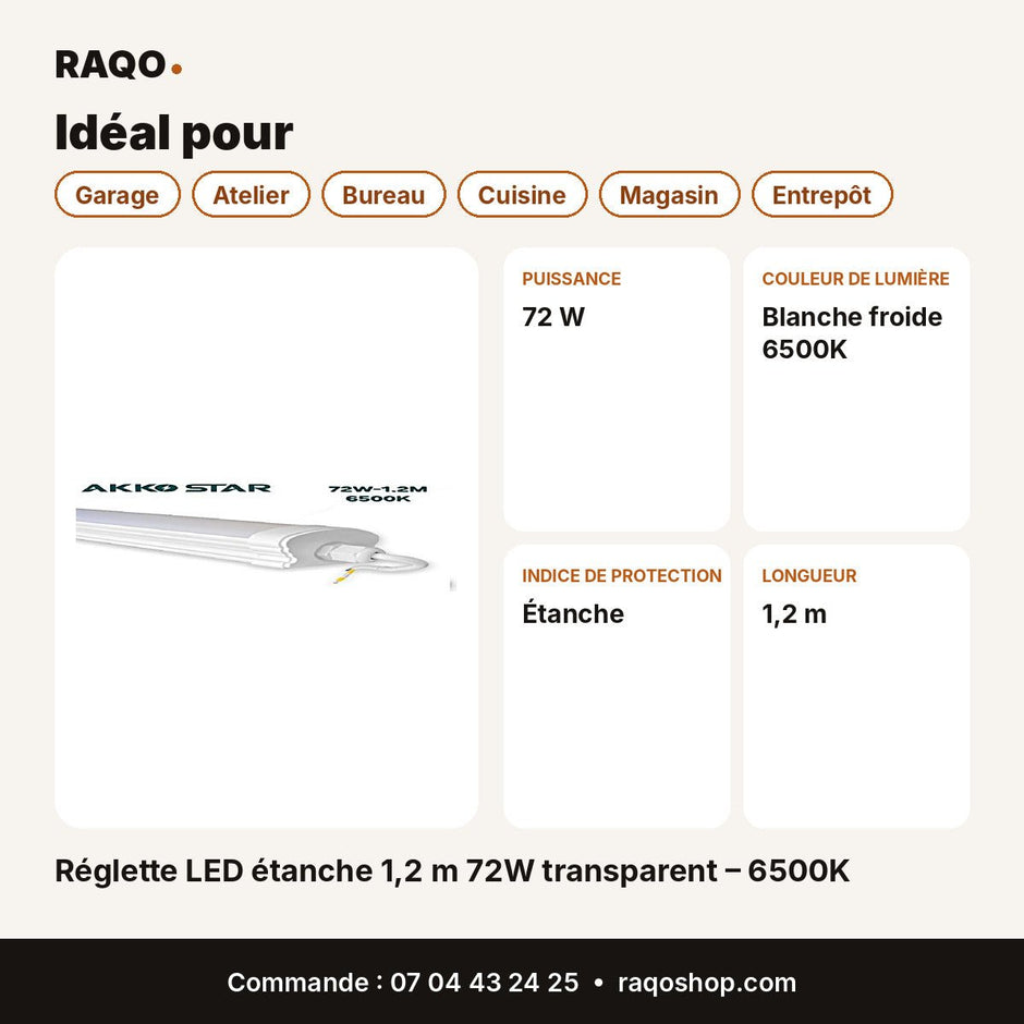 Réglette LED étanche 1,2 m 72W transparent – 6500K | Akko Star - RAQO