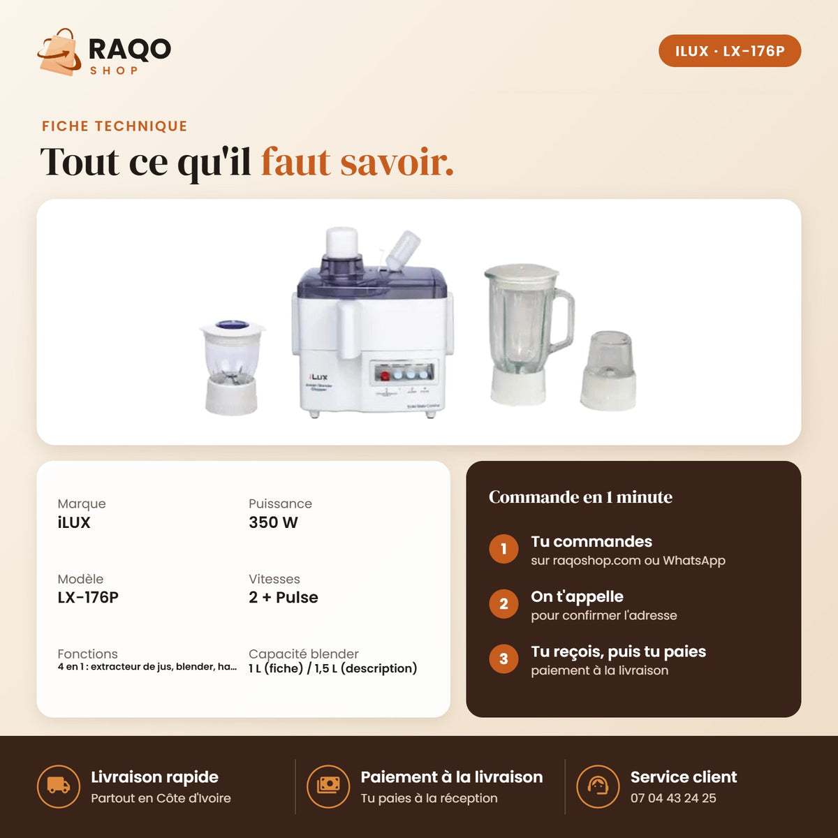 Robot Culinaire Multifonction iLUX – 350 W – 1 L - RAQO (fiche technique)