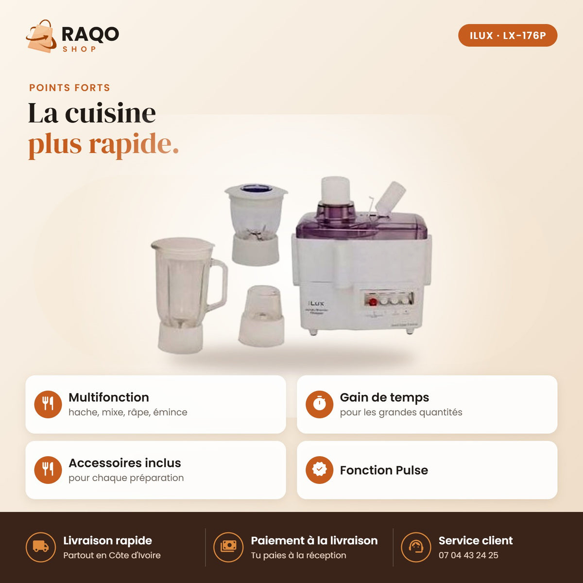 Robot Culinaire Multifonction iLUX – 350 W – 1 L - RAQO (points forts)