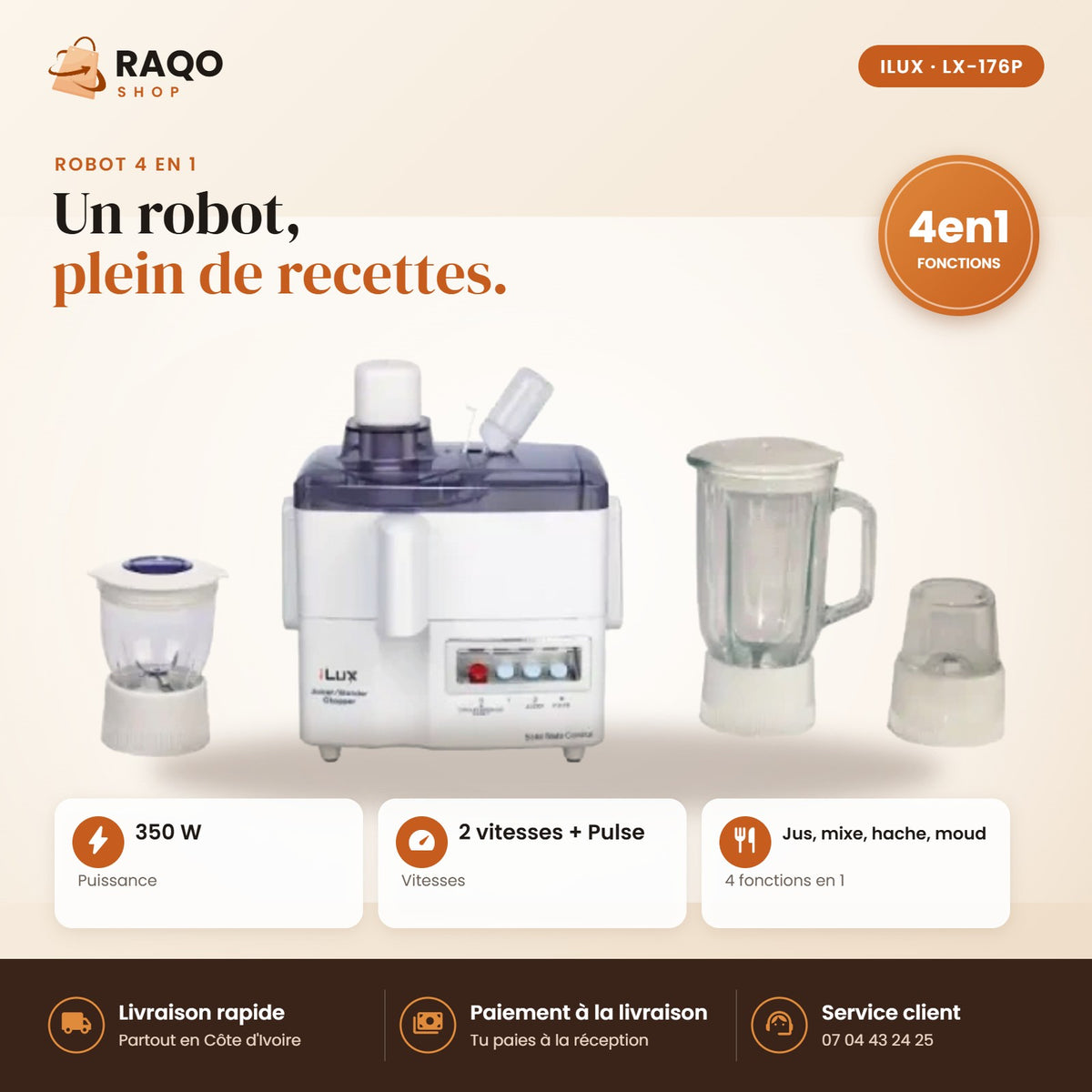 Robot Culinaire Multifonction iLUX – 350 W – 1 L - RAQO