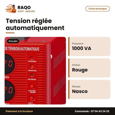 Stabilisateur 1000VA Compteur Digital Nasco – Rouge | NAS-1000VA-RR