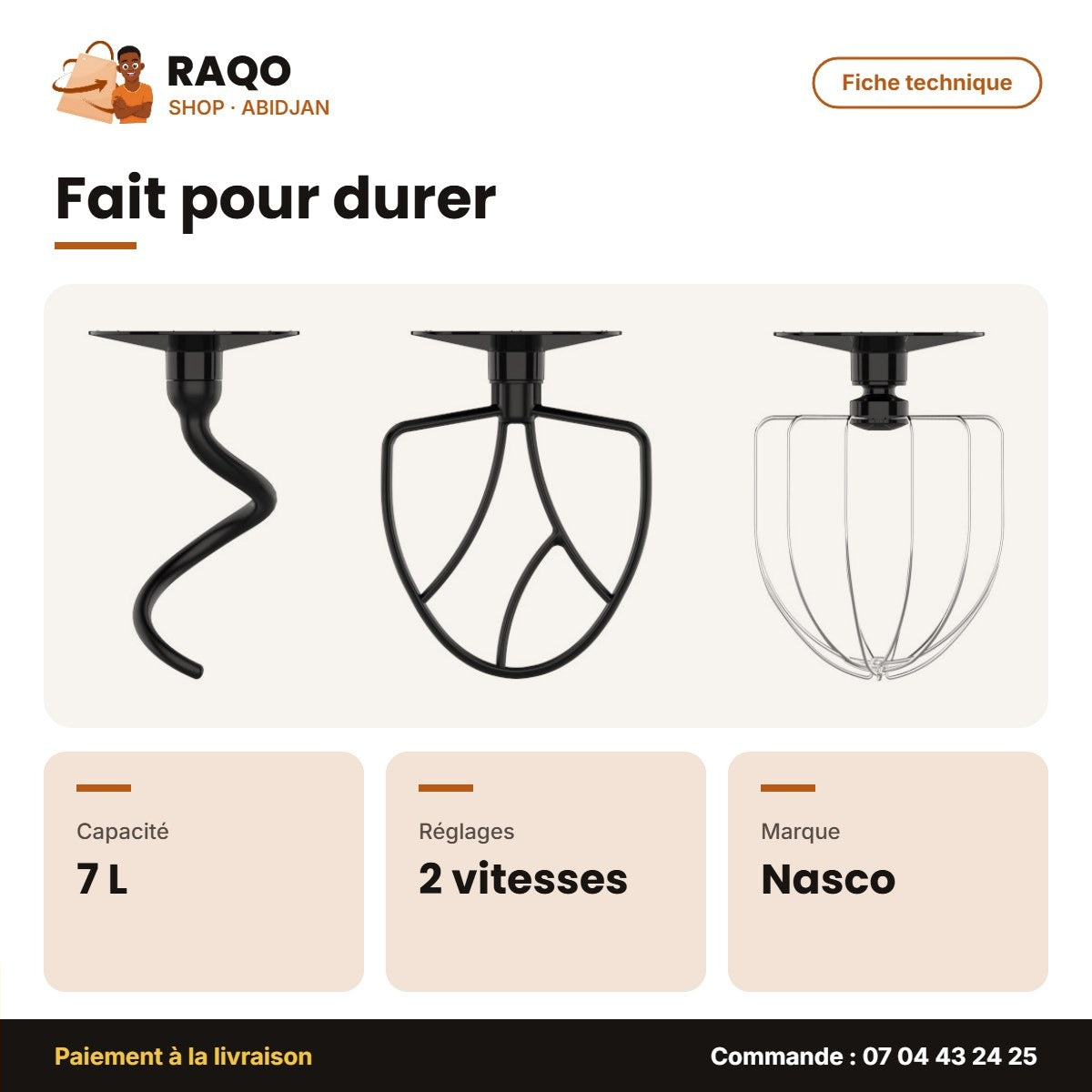 Robot Patissier Nasco-Batteur Électrique – Bol – 7L – 12 Vitesse | KM1000-GS