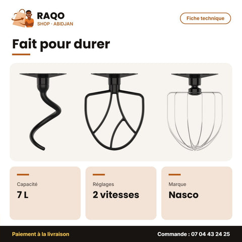 Robot Patissier Nasco-Batteur Électrique – Bol – 7L – 12 Vitesse | KM1000-GS
