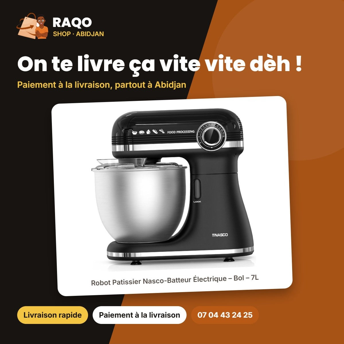 Robot Patissier Nasco-Batteur Électrique – Bol – 7L – 12 Vitesse | KM1000-GS