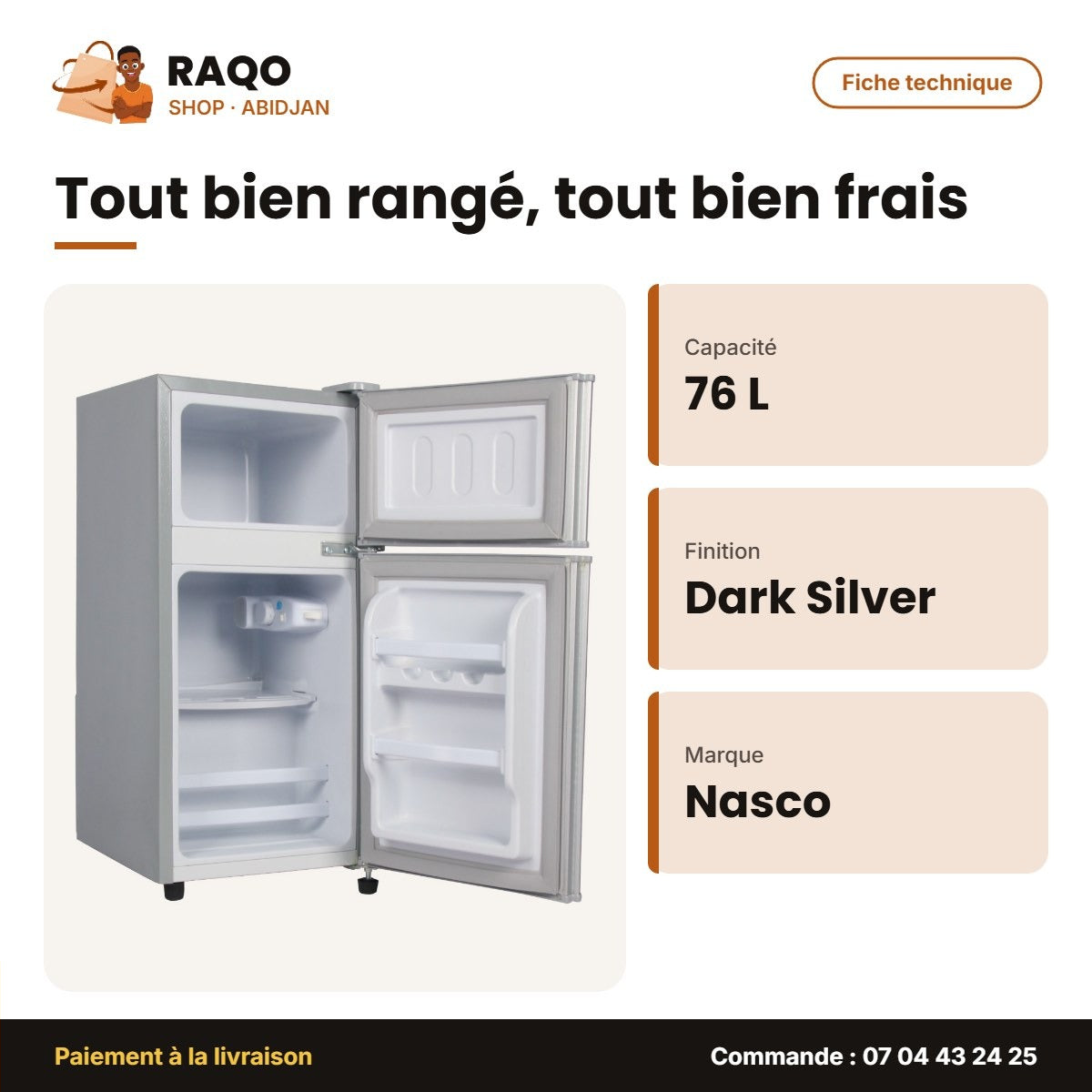 Réfrigérateur Double Porte Nasco – 76L (55LT+21LT) – Dark Silver | NASF2-105FL-DS