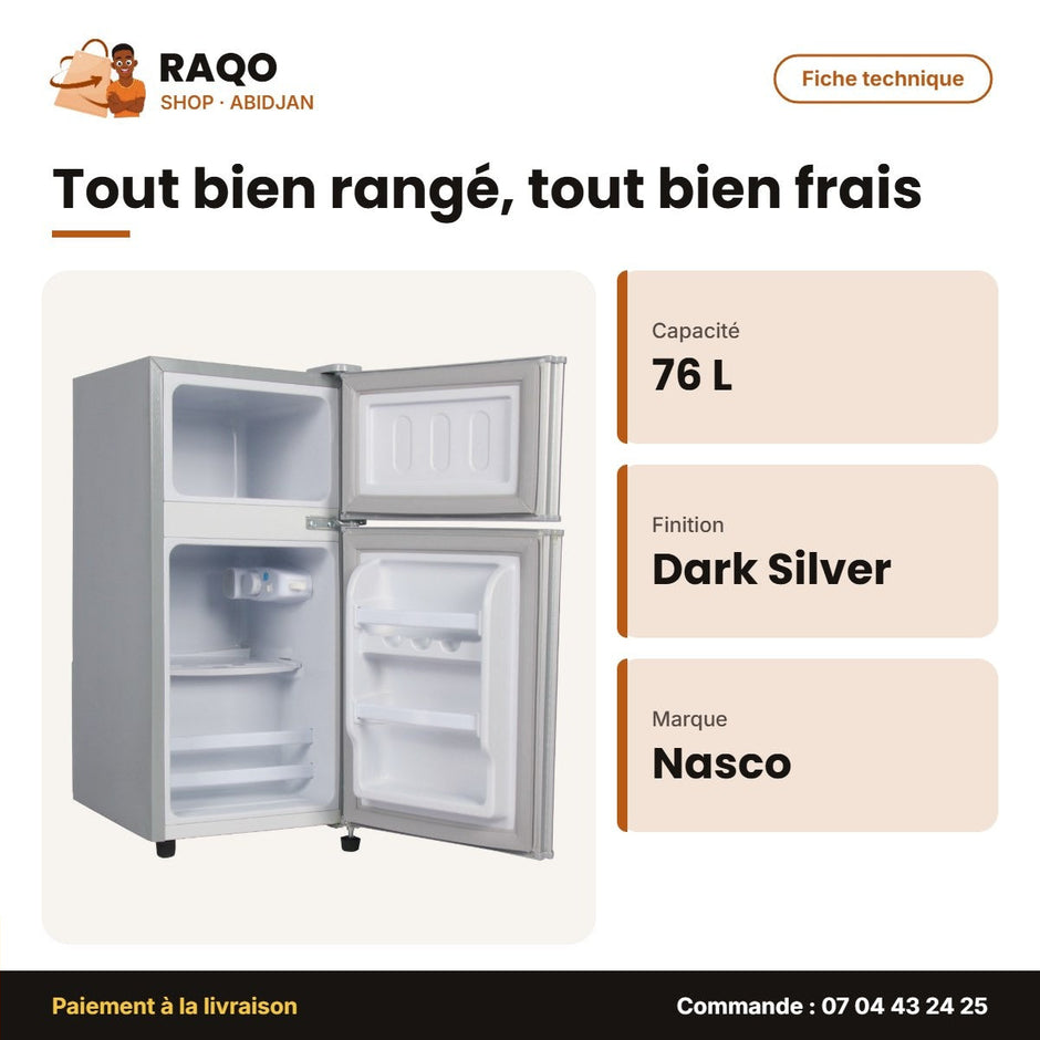 Réfrigérateur Double Porte Nasco – 76L (55LT+21LT) – Dark Silver | NASF2-105FL-DS
