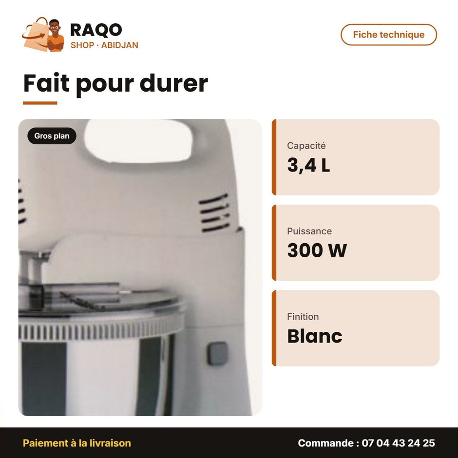 Robot Patissier Nasco - Batteur Électrique – 3.4 L – 300W – Blanc-Inox | MIXER_HM422CK-GS