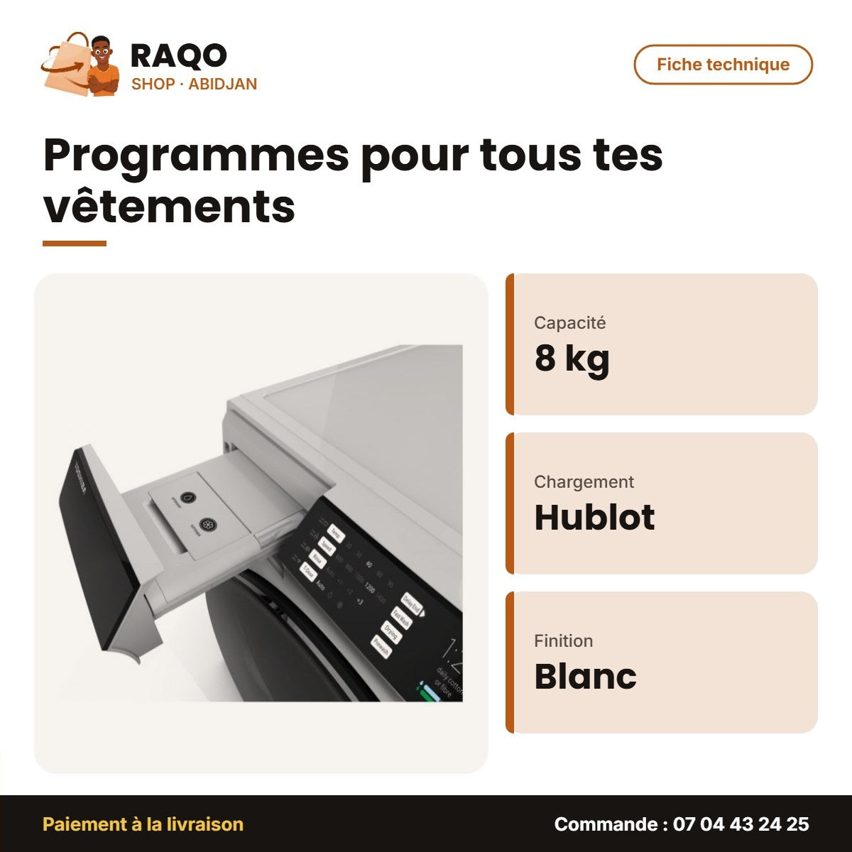 Machine à Laver 8kg + Séchage 8kg Toshiba Front Load – Fiche technique | RAQO Shop