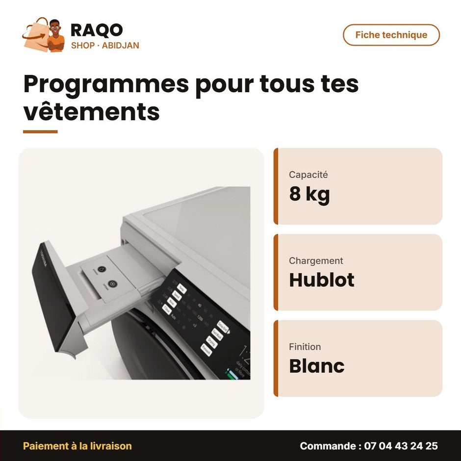Machine à Laver 8kg + Séchage 8kg Toshiba Front Load – Fiche technique | RAQO Shop