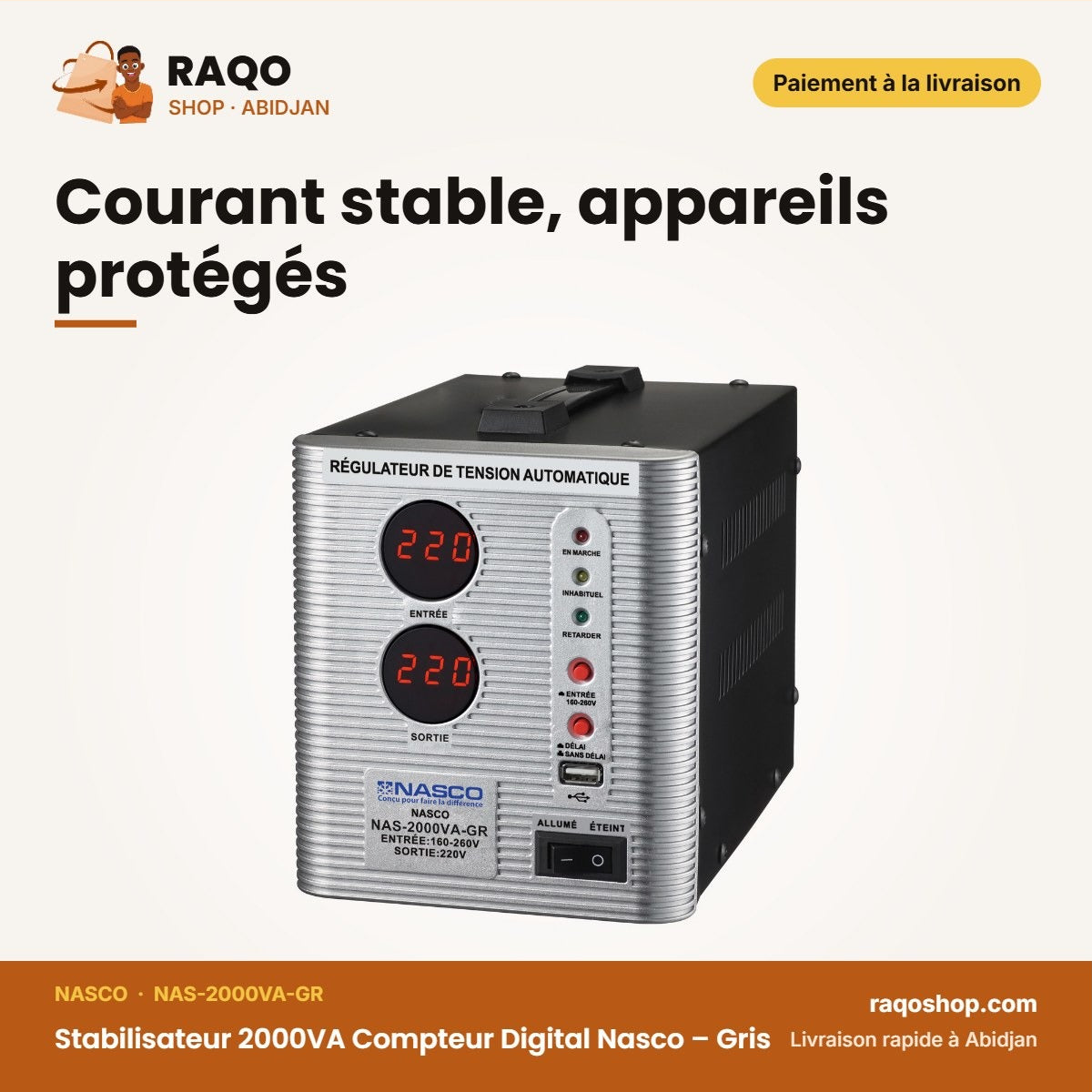 Stabilisateur 2000VA Compteur Digital Nasco – Gris – Courant stable, appareils protégés | RAQO Shop