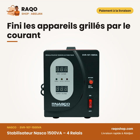 Stabilisateur Nasco 1500VA – 4 Relais – Fini les appareils grillés par le courant | RAQO Shop