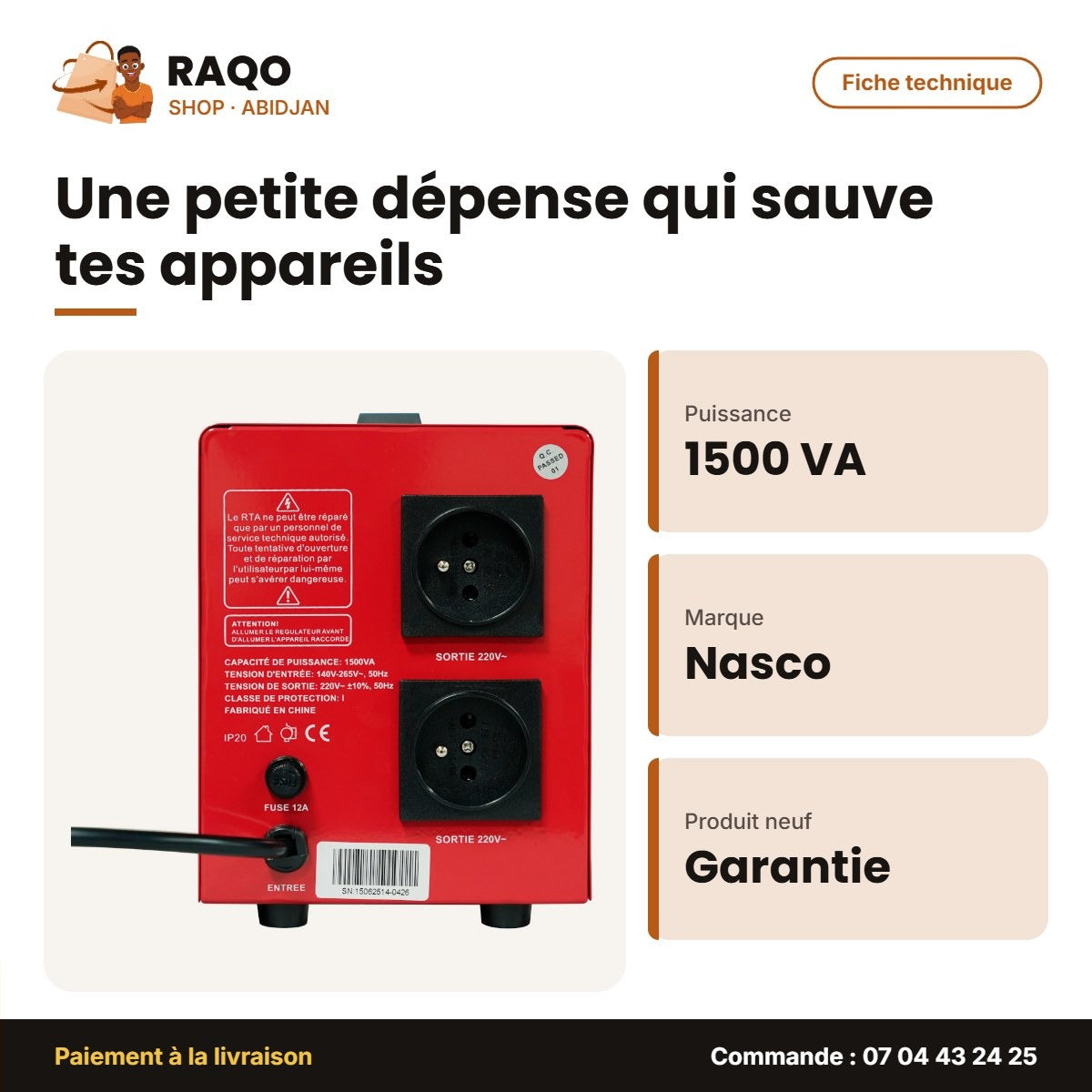 Stabilisateur Nasco 1500VA – 4 Relais – Fiche technique | RAQO Shop