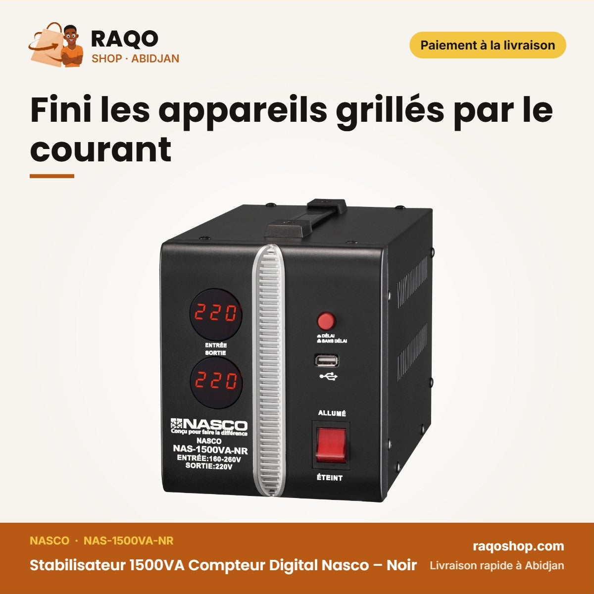 Stabilisateur 1500VA Compteur Digital Nasco – Noir – Fini les appareils grillés par le courant | RAQO Shop