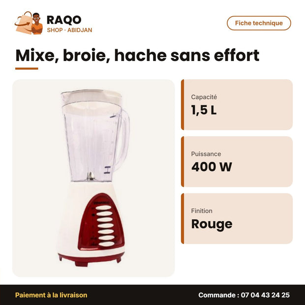 Mixeur Nasco 1.5L 400W Rouge-Blanc – Fiche technique | RAQO Shop