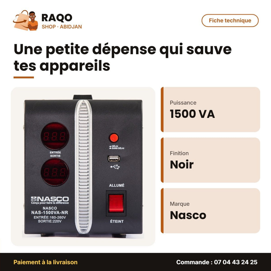Stabilisateur 1500VA Compteur Digital Nasco – Noir – Fiche technique | RAQO Shop