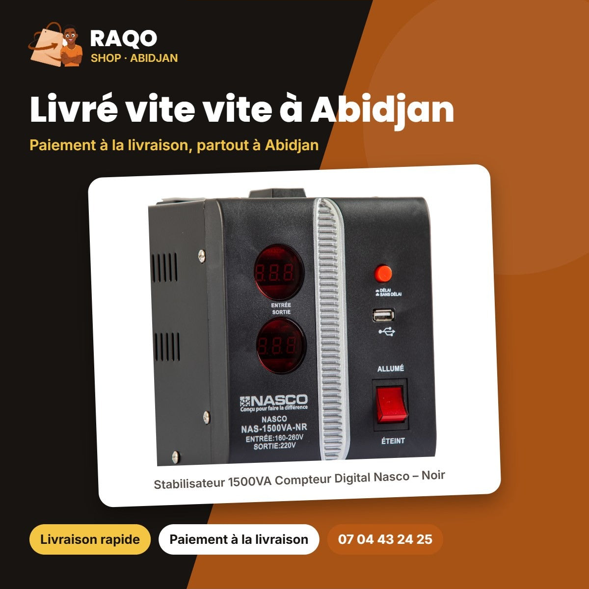 Stabilisateur 1500VA Compteur Digital Nasco – Noir – Livré vite vite à Abidjan | RAQO Shop
