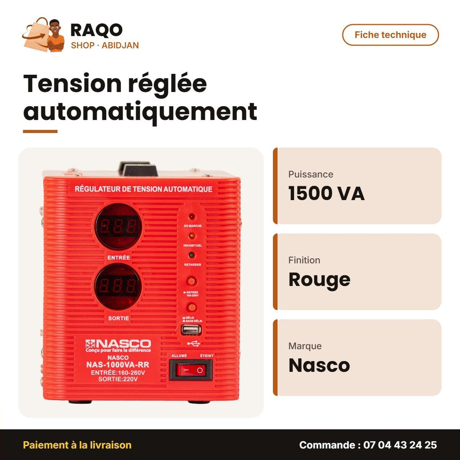 Stabilisateur 1500VA Compteur Digital Nasco – Rouge – Fiche technique | RAQO Shop