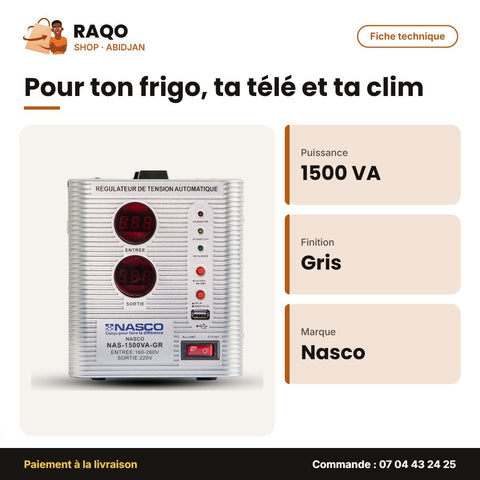 Stabilisateur 1500VA Compteur Digital Nasco – Gris – Fiche technique | RAQO Shop