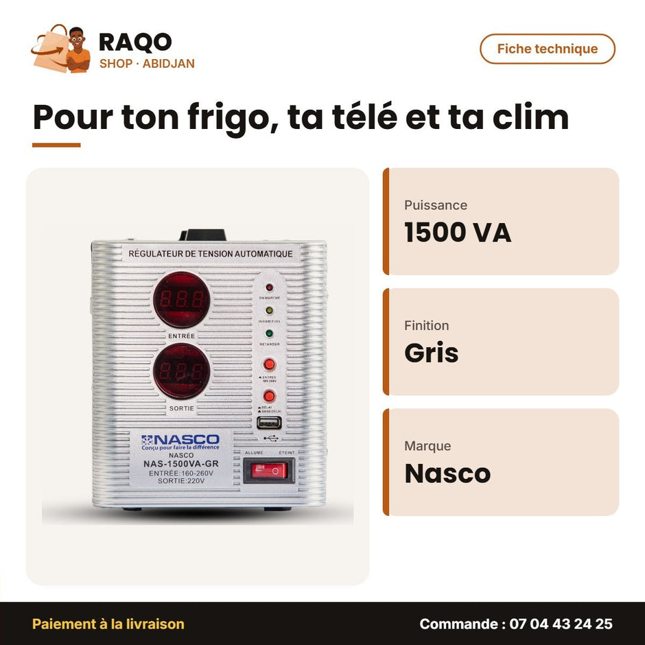Stabilisateur 1500VA Compteur Digital Nasco – Gris – Fiche technique | RAQO Shop