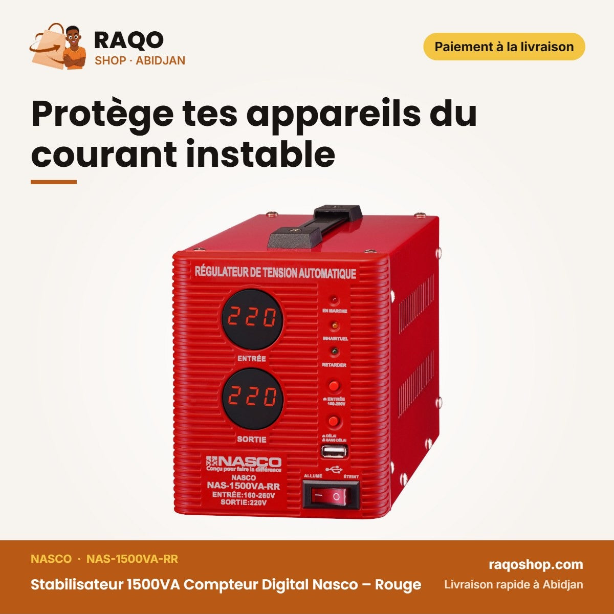 Stabilisateur 1500VA Compteur Digital Nasco – Rouge – Protège tes appareils du courant instable | RAQO Shop