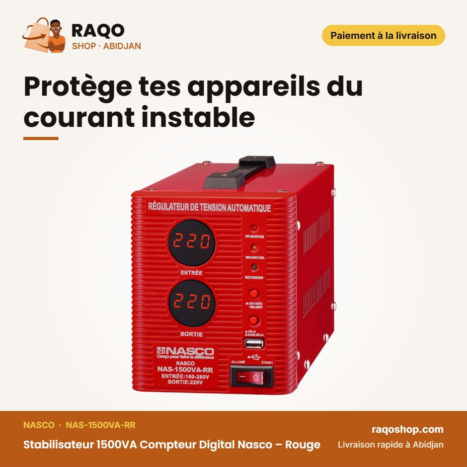 Stabilisateur 1500VA Compteur Digital Nasco – Rouge – Protège tes appareils du courant instable | RAQO Shop
