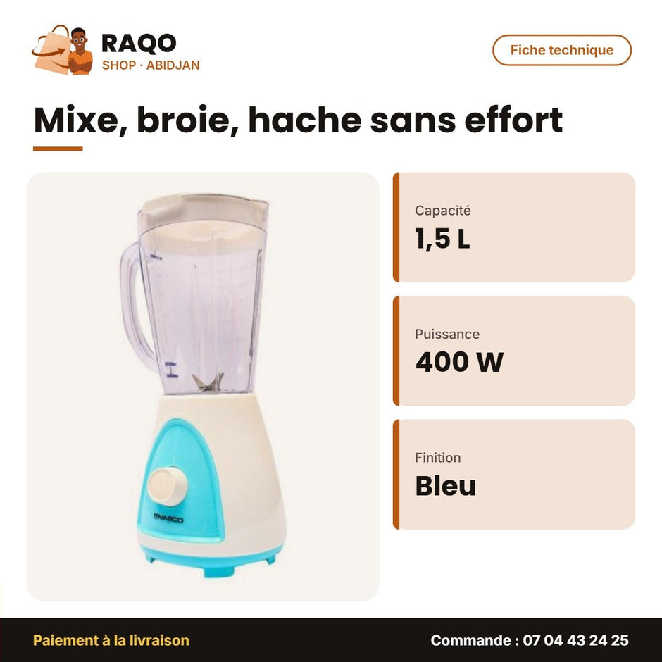 Mixeur Nasco 1.5L 400W Plastic Body Base Bleu-Blanc - 6PCS | MIXER_BL1008-CB