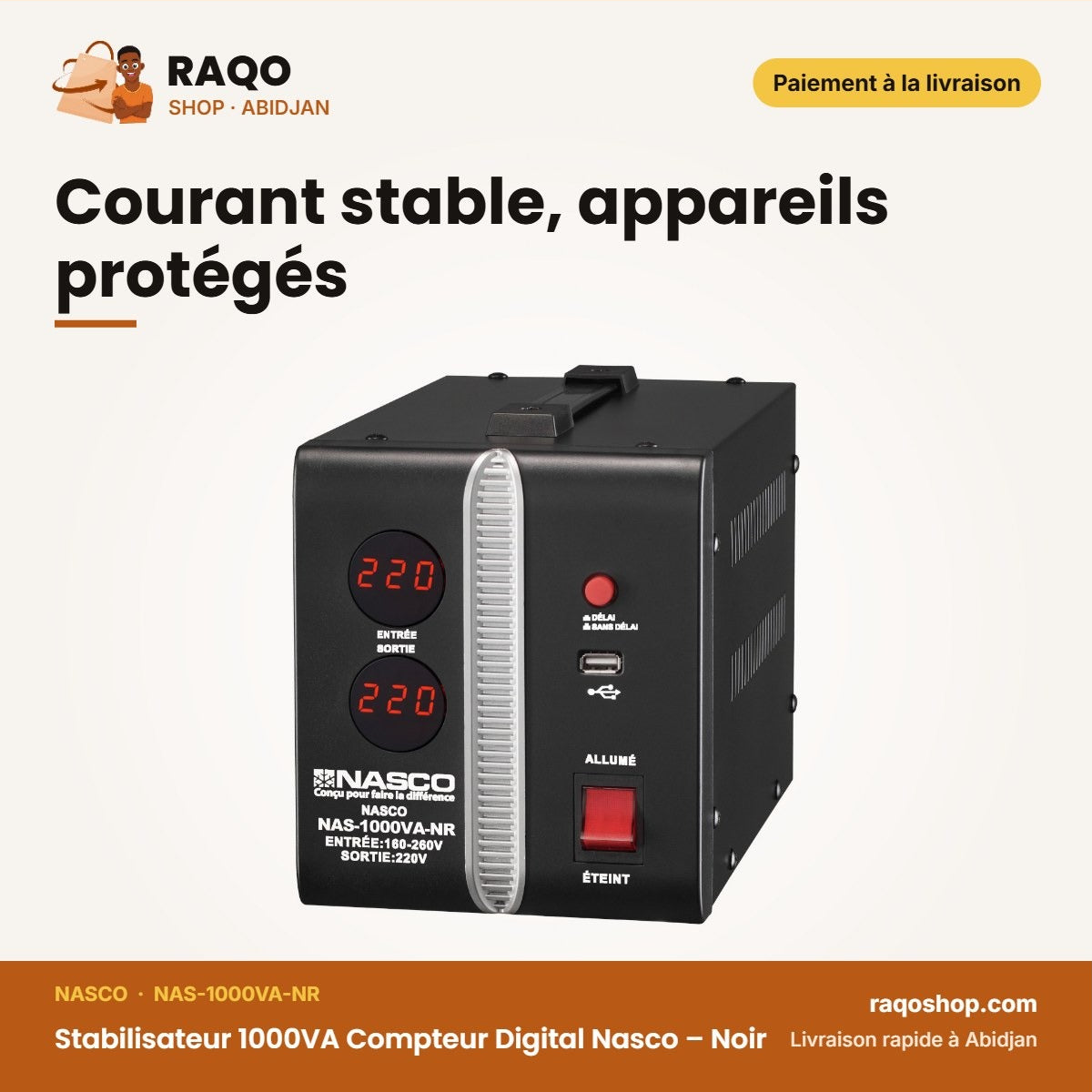 Stabilisateur 1000VA Compteur Digital Nasco | RAQO Shop