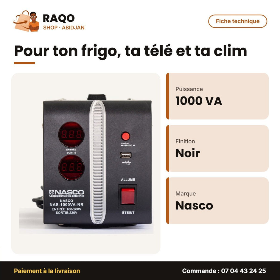 Stabilisateur 1000VA Compteur Digital Nasco – Noir | NAS-1000VA-NR