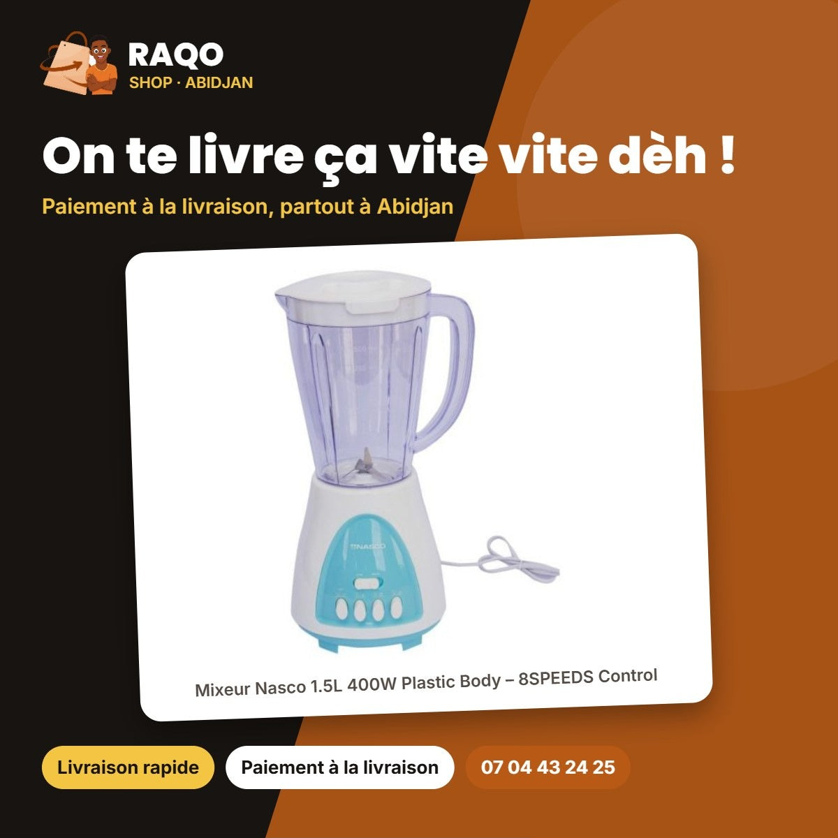 Mixeur Nasco 1.5L 400W Plastic Body – 8SPEEDS Control – Bleu-Blanc – 6 | MIXER_BL1008A-CB