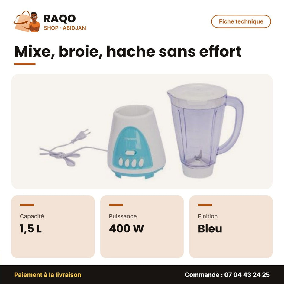 Mixeur Nasco 1.5L 400W Plastic Body – 8SPEEDS Control – Bleu-Blanc – 6 | MIXER_BL1008A-CB