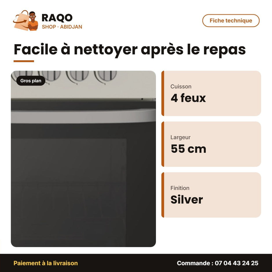 Gazinière 4 Feux Midea – 50X55CM – Sans Allumage Automatique – Silver | SP5055T082-S