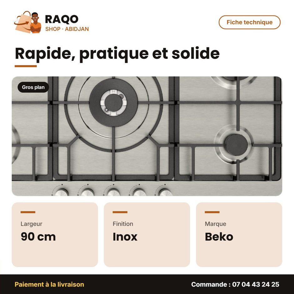 Plaque de Cuisson Encastrable Beko – 90cm – 5 Bruleurs à Gaz – Acier Inox. | BEKO_HIMW95226SXEL