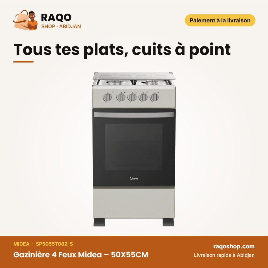Gazinière 4 Feux Midea – 50X55CM – Sans Allumage Automatique – Silver | SP5055T082-S