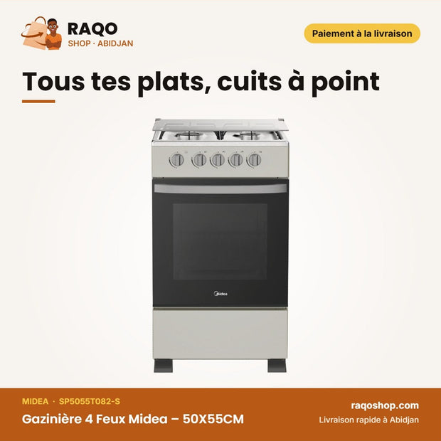 Gazinière 4 Feux Midea – 50X55CM – Sans Allumage Automatique – Silver | SP5055T082-S