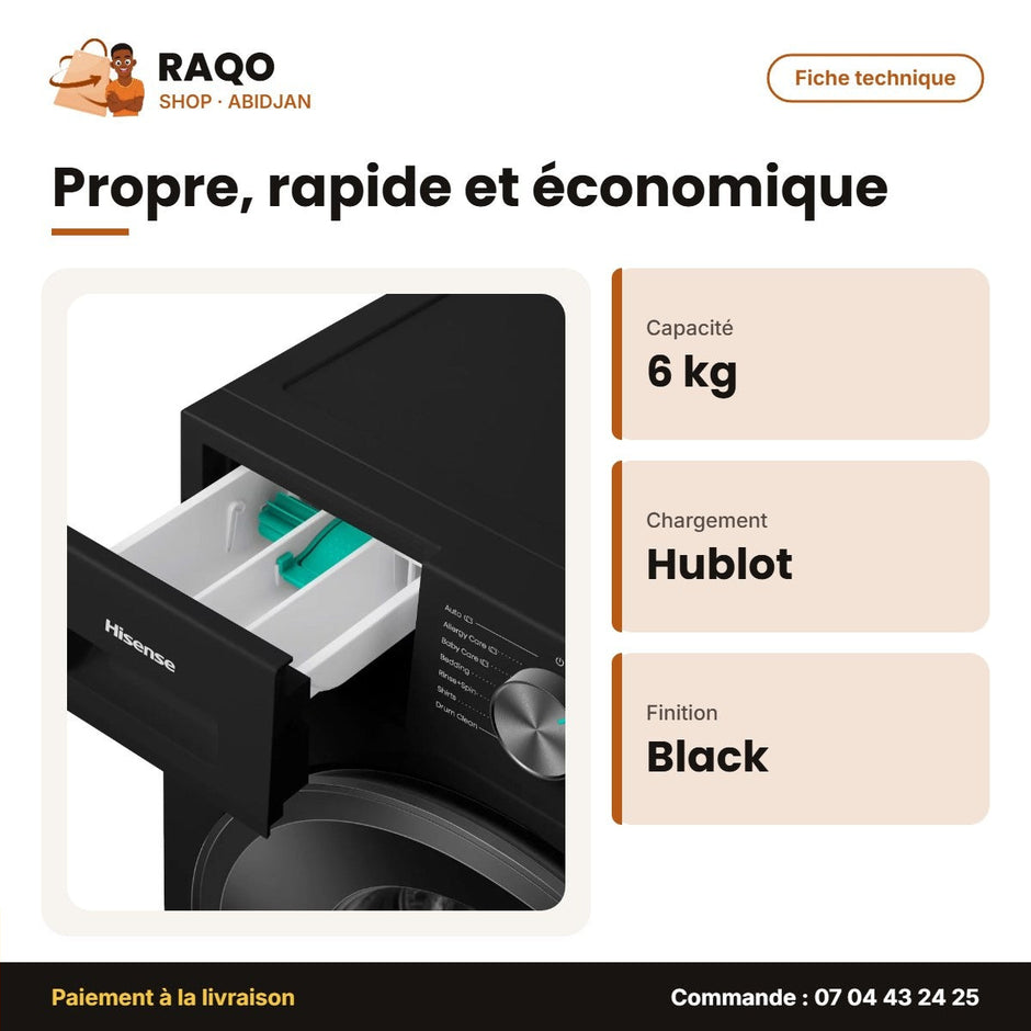 Machine à Laver 6kg Hisense – Front Load – Inky Black – Ibubble | WF1I6022BK
