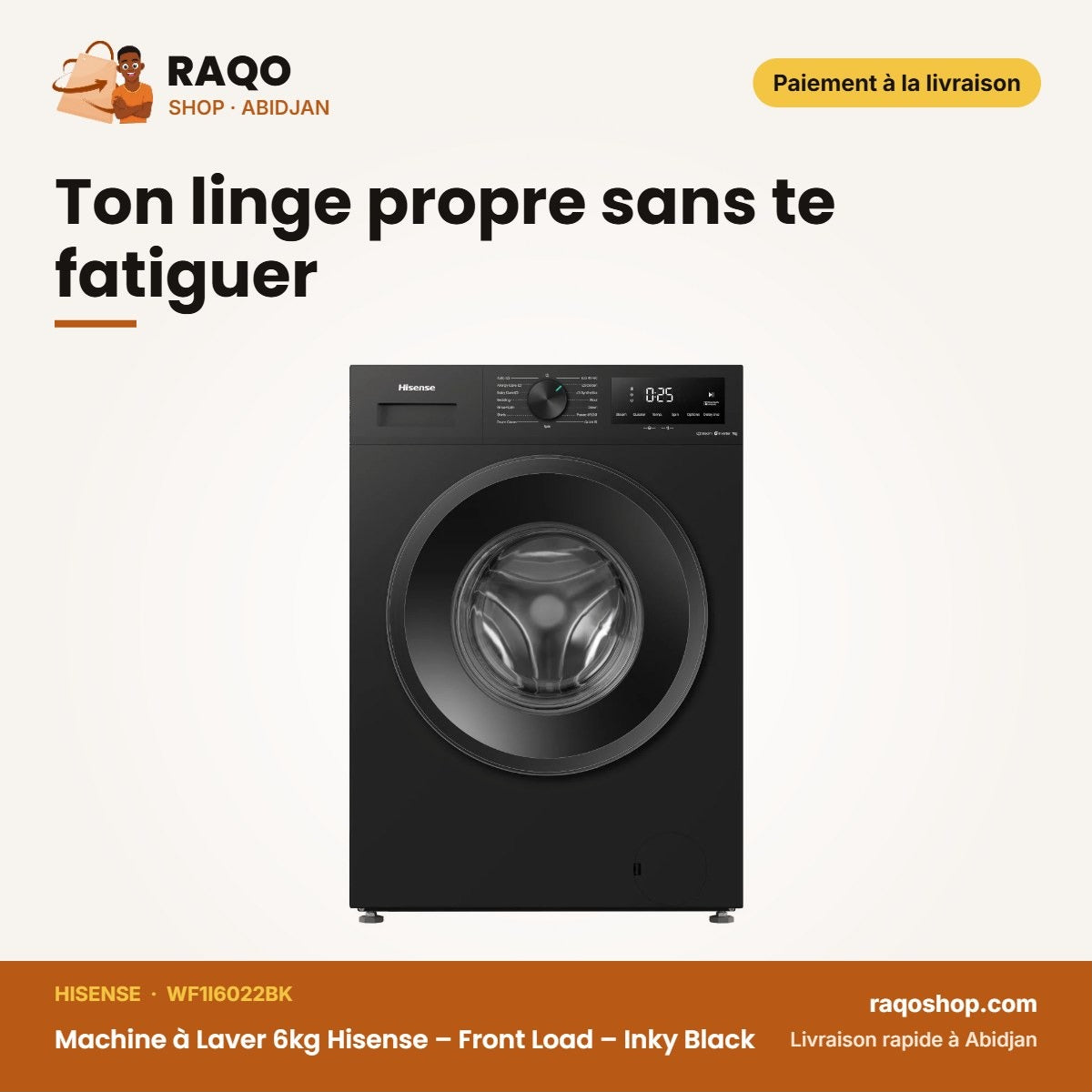 Machine à Laver 6kg Hisense – Front Load – Inky Black – Ibubble | WF1I6022BK