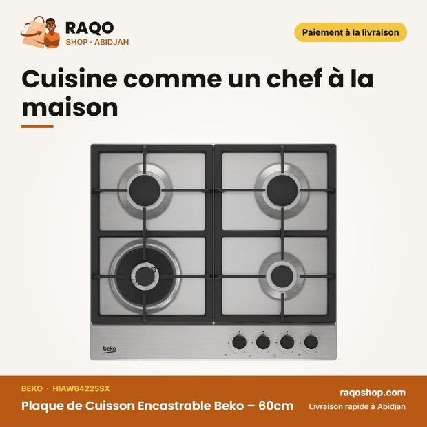 Plaque de Cuisson Encastrable Beko – 60cm – 4 Bruleurs à Gaz – Acier Inoxydable | HIAW64225SX