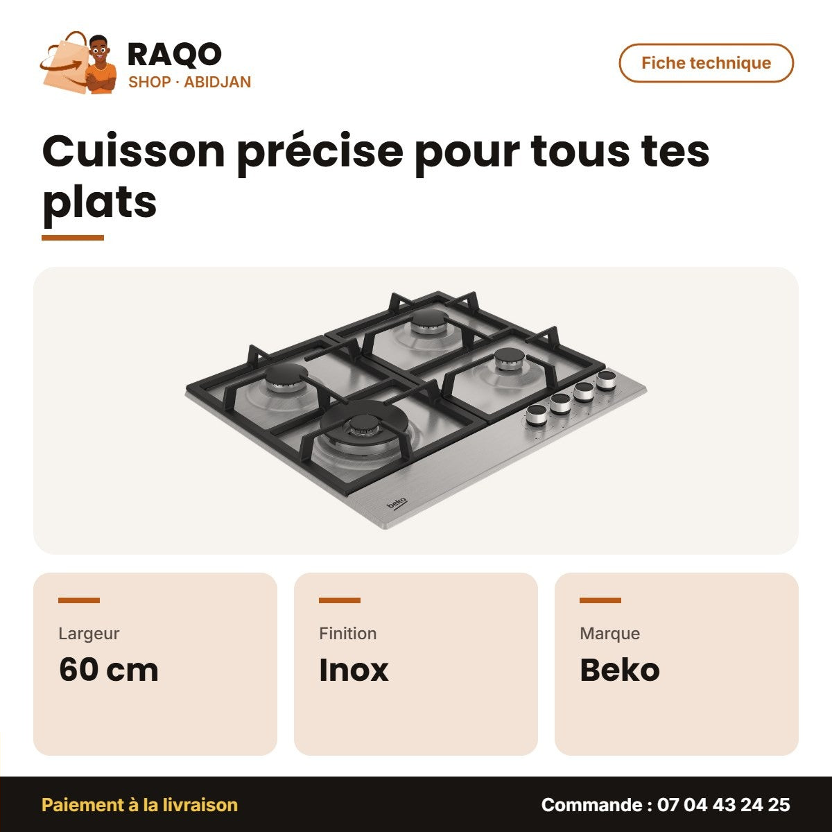 Plaque de Cuisson Encastrable Beko – 60cm – 4 Bruleurs à Gaz – Acier Inoxydable | HIAW64225SX