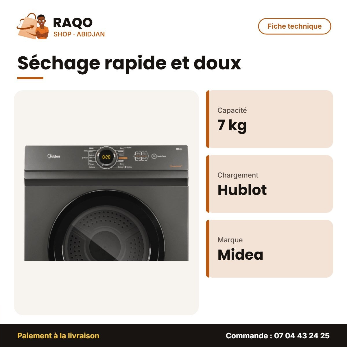 Sèche Linge 7kg Midea Front Load – Automat. – Séchage Hygiénique-Healthguard | MD100A70/T