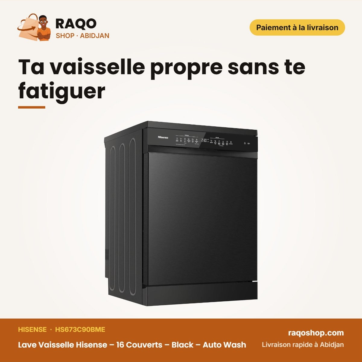 Lave Vaisselle Hisense – 16 Couverts – Black – Auto Wash | HS673C90BME