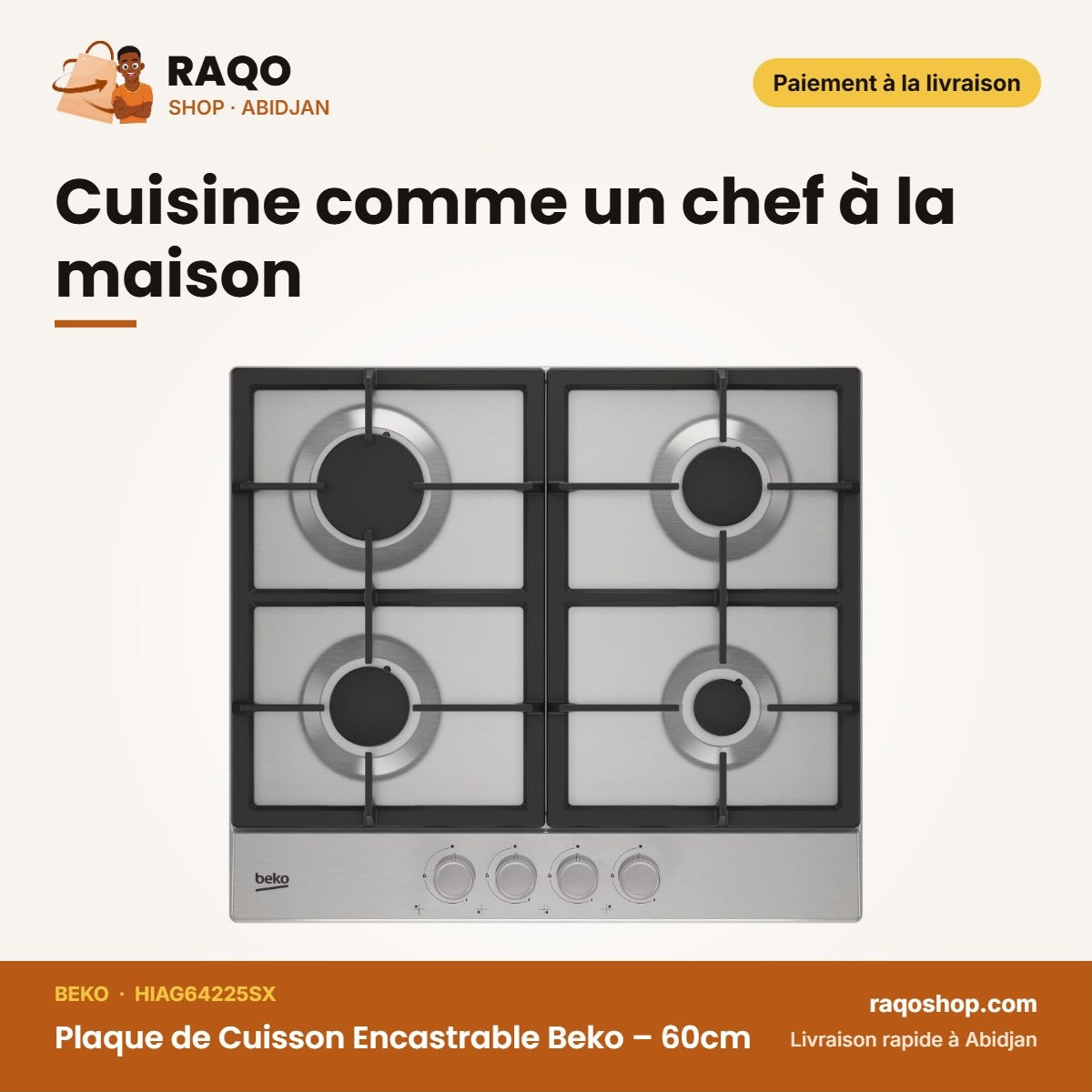 Plaque de Cuisson Encastrable Beko – 60cm – 4 Bruleurs à Gaz – Acier Inoxydable | HIAG64225SX