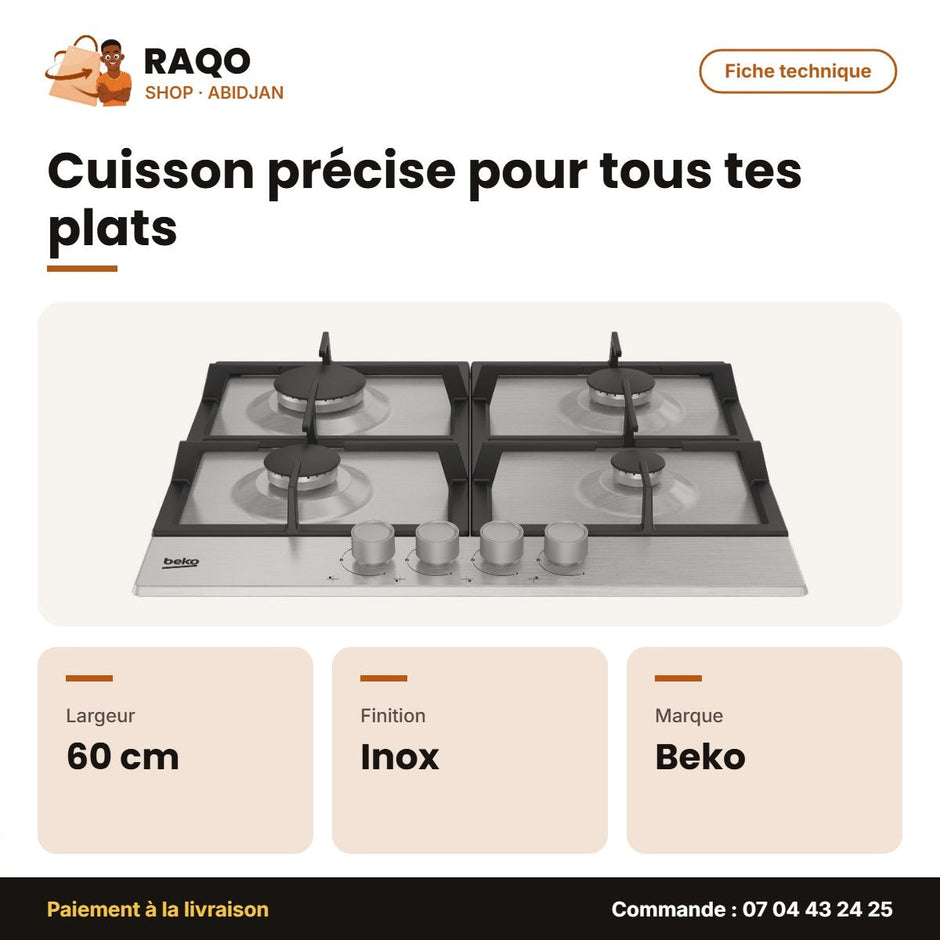 Plaque de Cuisson Encastrable Beko – 60cm – 4 Bruleurs à Gaz – Acier Inoxydable | HIAG64225SX