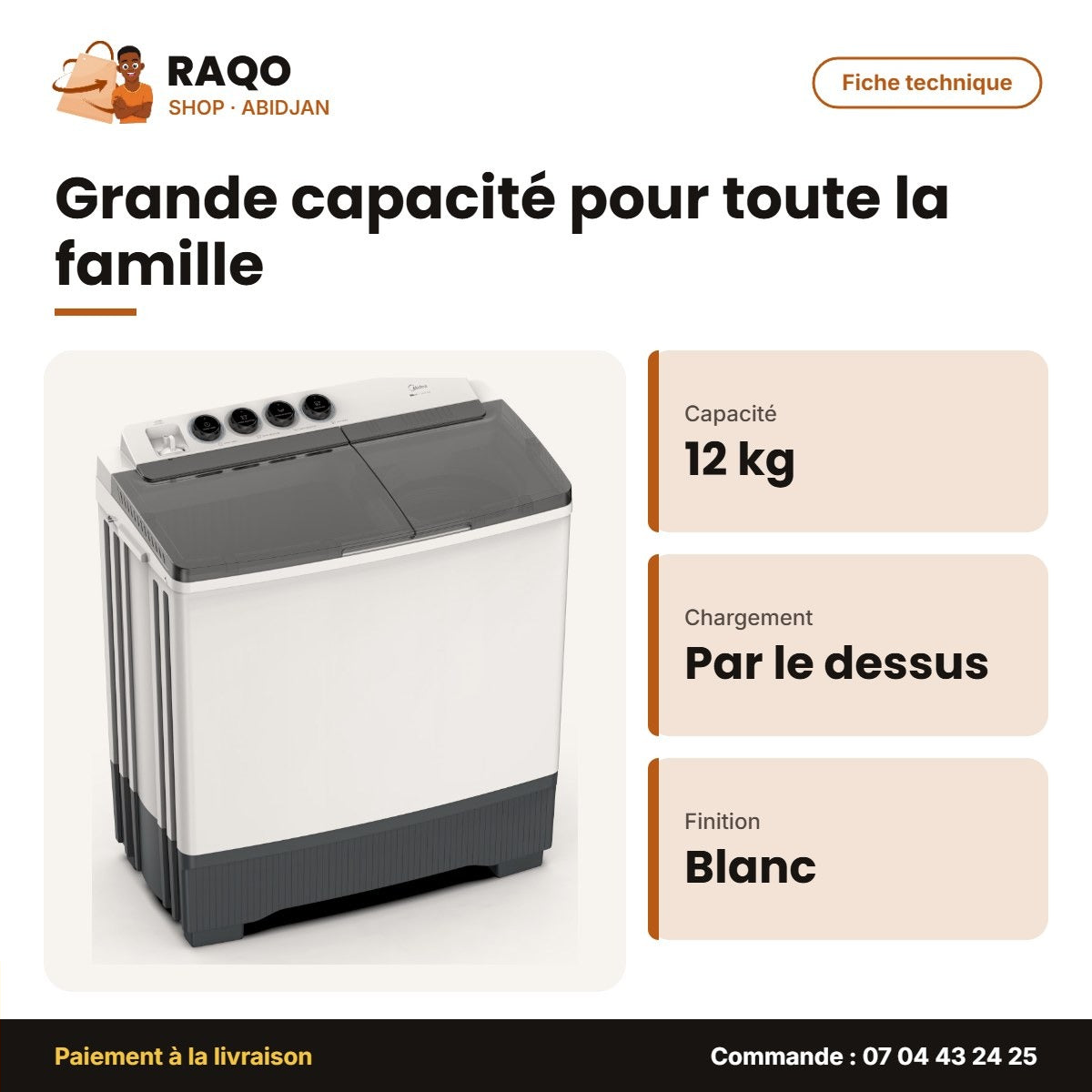 Machine à Laver 12kg Midea – Top Load – Twin Tub – Blanc | MT100W120/WG