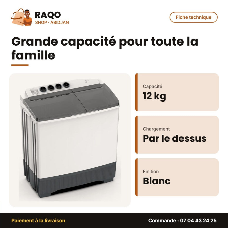 Machine à Laver 12kg Midea – Top Load – Twin Tub – Blanc | MT100W120/WG