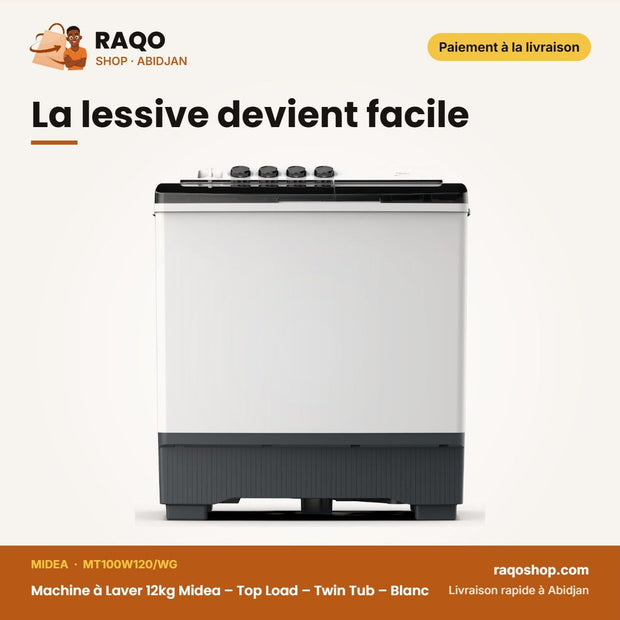 Machine à Laver 12kg Midea – Top Load – Twin Tub – Blanc | MT100W120/WG