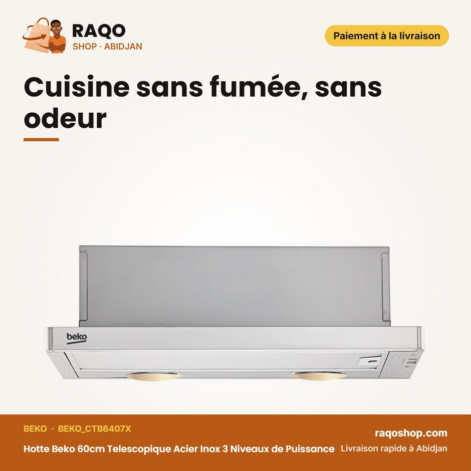 Hotte Beko 60cm Telescopique Acier Inox 3 Niveaux de Puissance – 2 AMPOULES(4W) | BEKO_CTB6407X