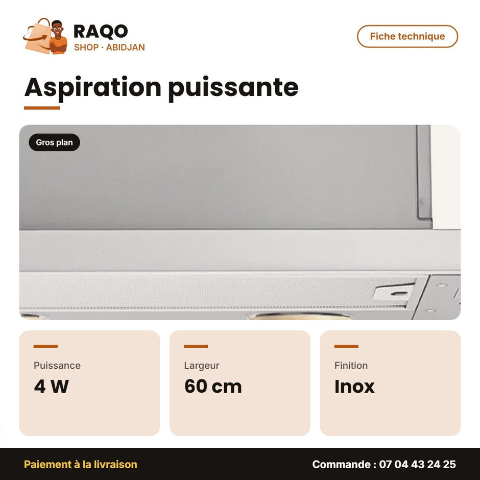 Hotte Beko 60cm Telescopique Acier Inox 3 Niveaux de Puissance – 2 AMPOULES(4W) | BEKO_CTB6407X