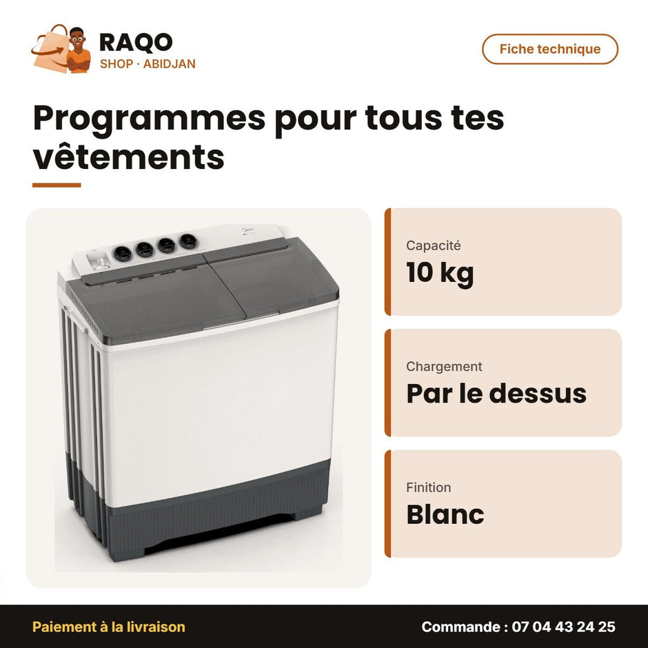 Machine à Laver 10kg Midea – Top Load – Twin Tub – Blanc | MT100W100/WG