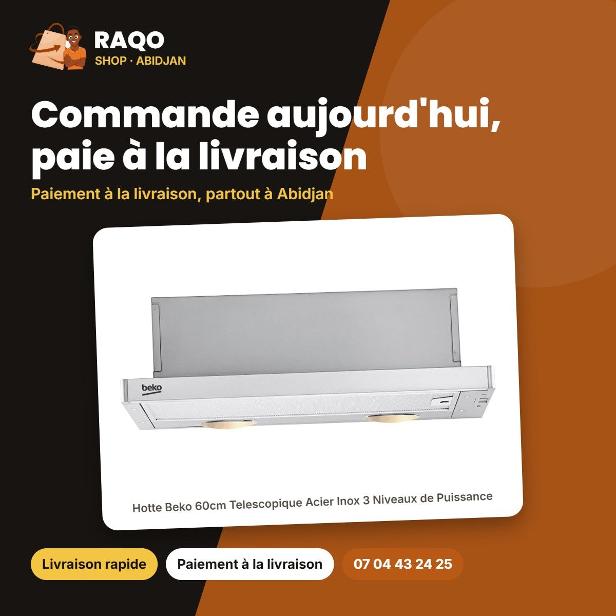 Hotte Beko 60cm Telescopique Acier Inox 3 Niveaux de Puissance – 2 AMPOULES(4W) | BEKO_CTB6407X