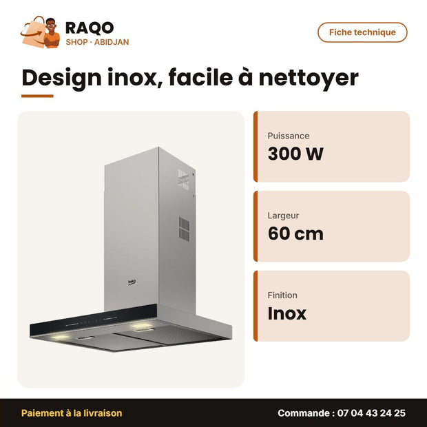 Hotte Aspirante Beko Encastrable – 60cm – Acier Inoxydable – 300W | BHCB66641BBHS